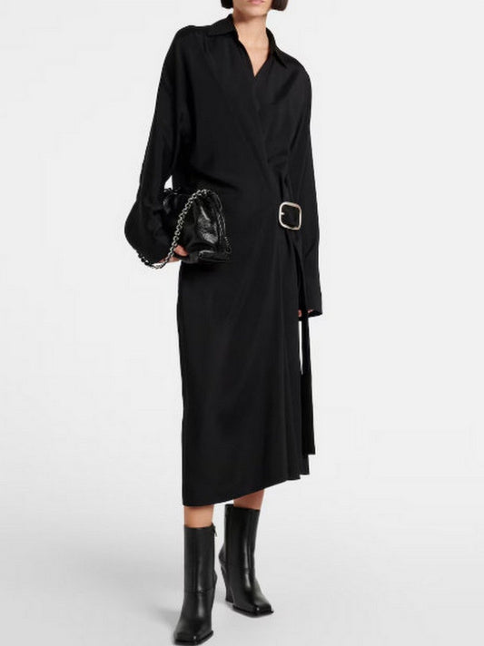 Asymmetrical-Belted Black Midi Shirt Dress - Dresses