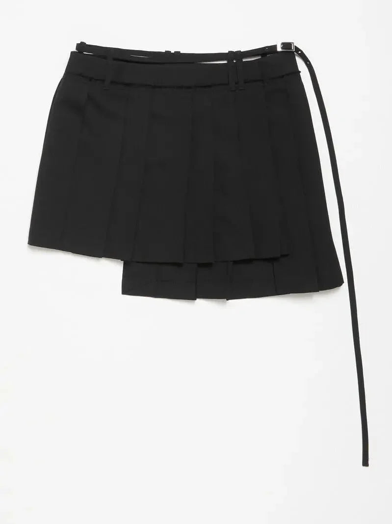 Asymmetrical Belted Pleated Black Mini Skirt - Skirts