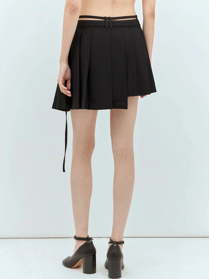 Asymmetrical Belted Pleated Black Mini Skirt - Skirts