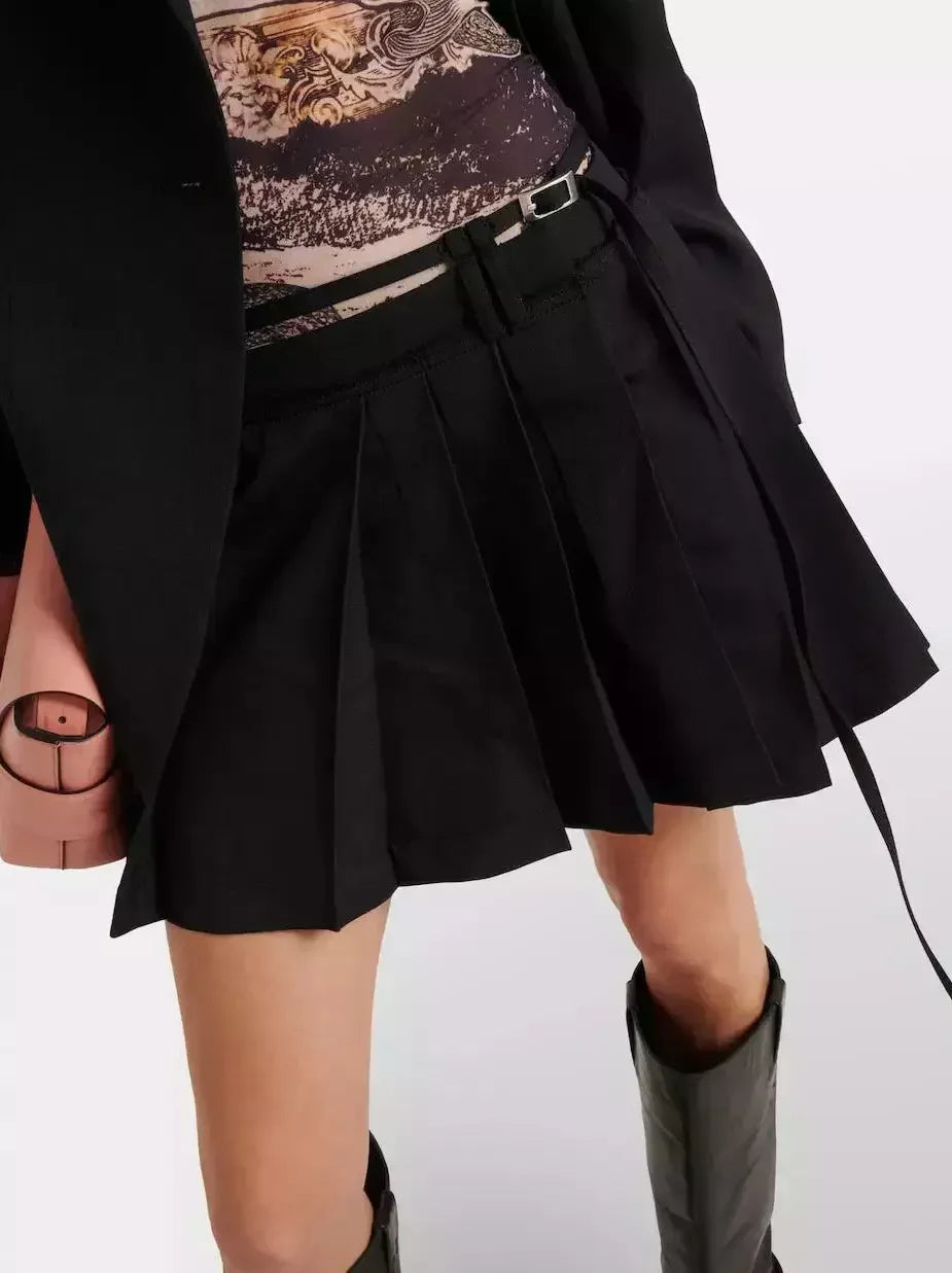 Asymmetrical Belted Pleated Black Mini Skirt - Skirts