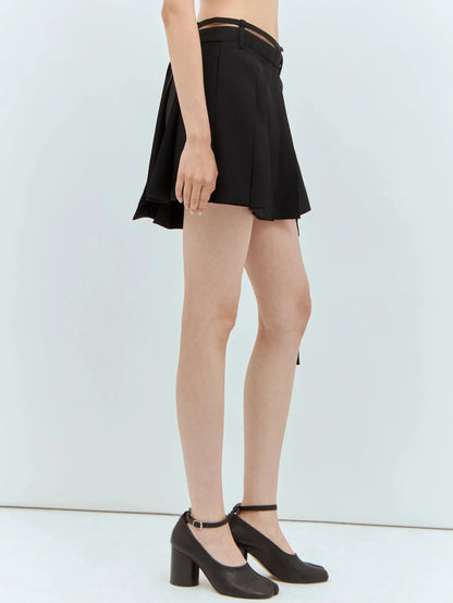 Asymmetrical Belted Pleated Black Mini Skirt - Skirts