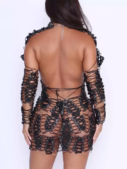 Asymmetrical Black Laced Open-Work Mini Dress - Dresses