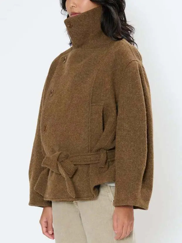 Asymmetrical Button-Closure Belted Wool-Blend Jacket - Jackets