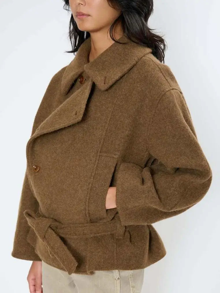 Asymmetrical Button-Closure Belted Wool-Blend Jacket - Jackets