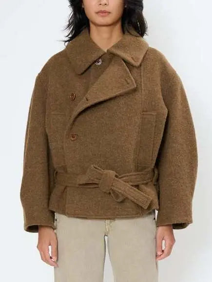 Asymmetrical Button-Closure Belted Wool-Blend Jacket - Jackets