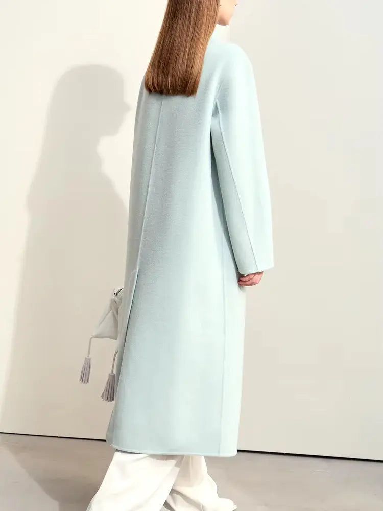 Asymmetrical-Closure Mandarin Collar Wool Coat in Pale Blue - Coats