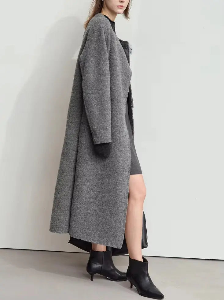 Asymmetrical-Closure Wool Coat with Removable Corsage - Coats