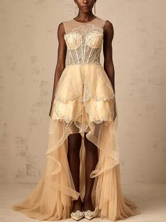 Asymmetrical Corset Style Tulle Sleeveless Gown in Champagne - Dresses