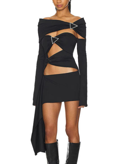 Asymmetrical Cut-Out Ruched Buckled Black Mini Dress - Dresses