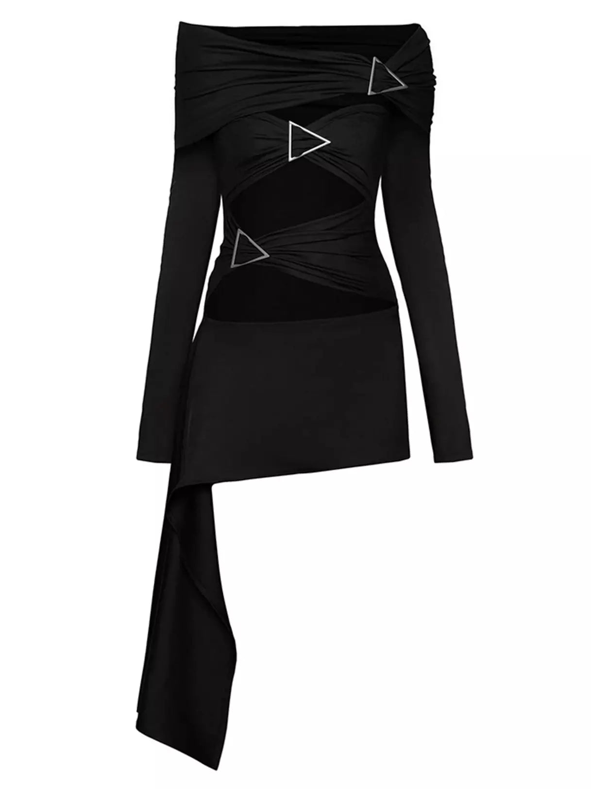 Asymmetrical Cut-Out Ruched Buckled Black Mini Dress - Dresses