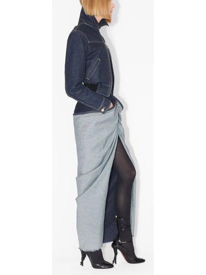 Asymmetrical Draped Denim Skirt -Petite Sizes- - Skirts