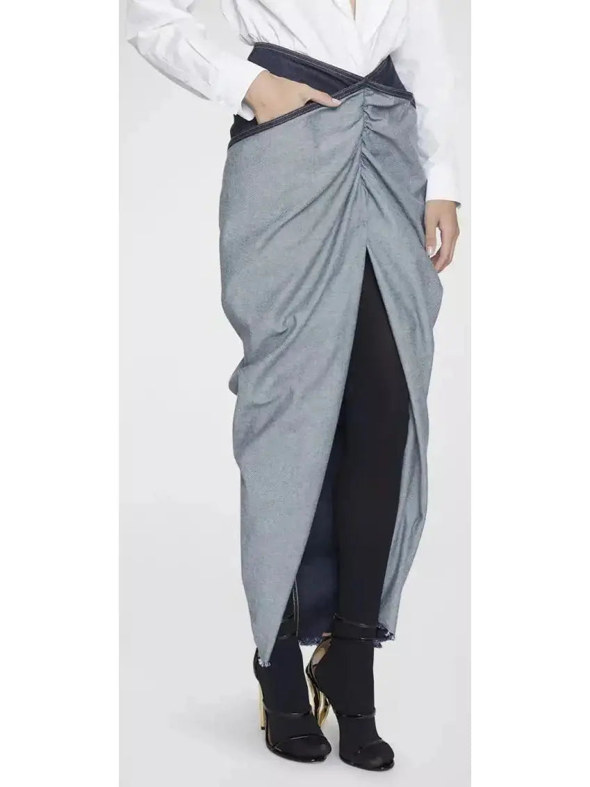 Asymmetrical Draped Denim Skirt -Petite Sizes- - Skirts