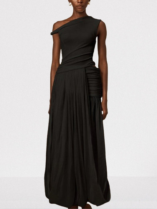 Asymmetrical Draped Gathered One-Shoulder Maxi Dress - S - Dresses