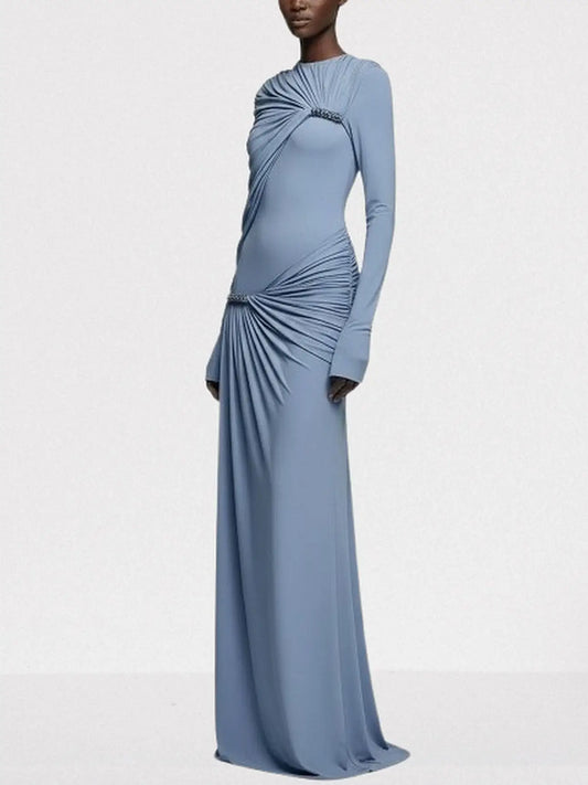 Asymmetrical Draped Long-Sleeve Jersey Gown - Dresses