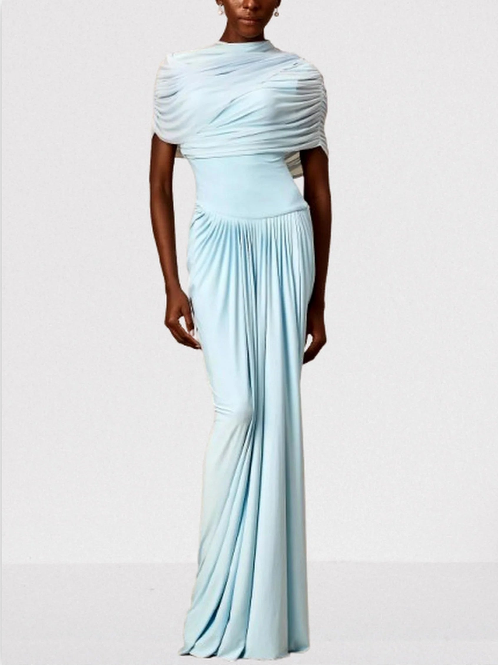 Asymmetrical Draped Pleated Long Chiffon Dress - Dresses
