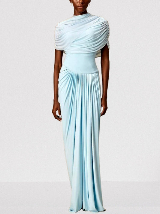 Asymmetrical Draped Pleated Long Chiffon Dress - Dresses