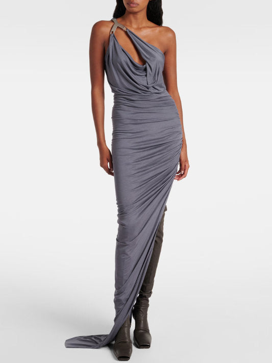 Asymmetrical Draped Ruched Sleeveless Maxi Dress - Small / Grey - Dresses
