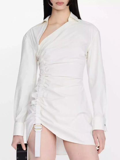 Asymmetrical Gathered Mini Dress with Safety Slider - Small / White - Dresses