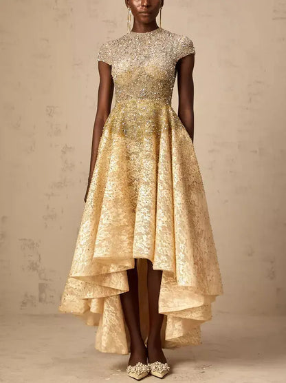 Asymmetrical Gold Sequin-Embellished Cap-Sleeve Dress - Dresses