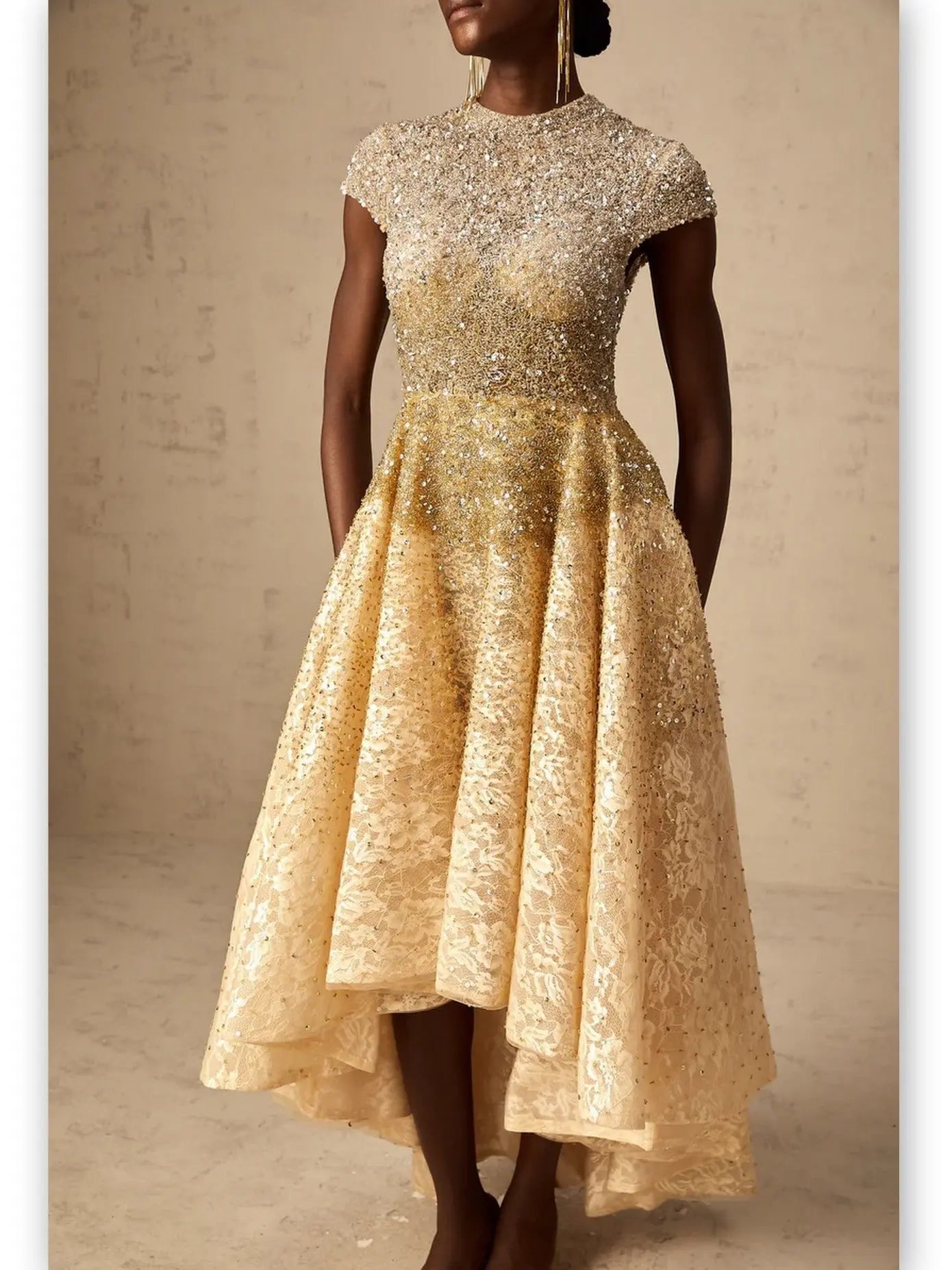 Asymmetrical Gold Sequin-Embellished Cap-Sleeve Dress - Dresses