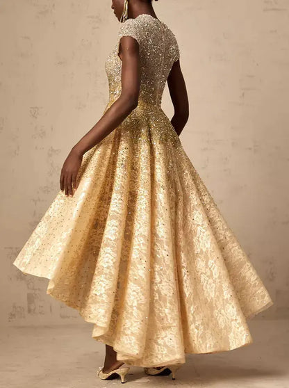 Asymmetrical Gold Sequin-Embellished Cap-Sleeve Dress - Dresses