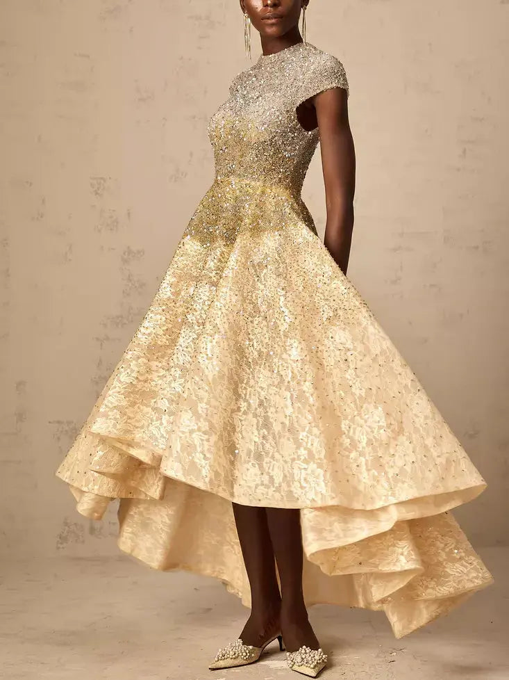 Asymmetrical Gold Sequin-Embellished Cap-Sleeve Dress - Dresses