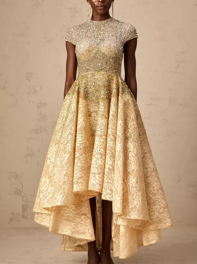 Asymmetrical Gold Sequin-Embellished Cap-Sleeve Dress - Dresses