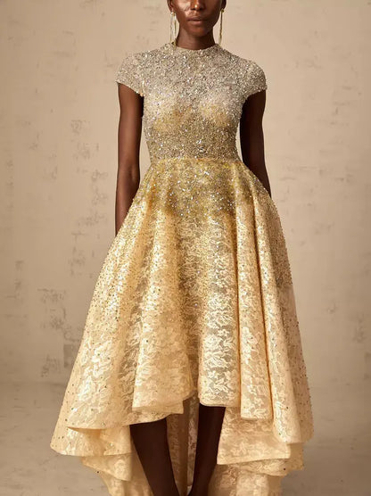 Asymmetrical Gold Sequin-Embellished Cap-Sleeve Dress - Dresses