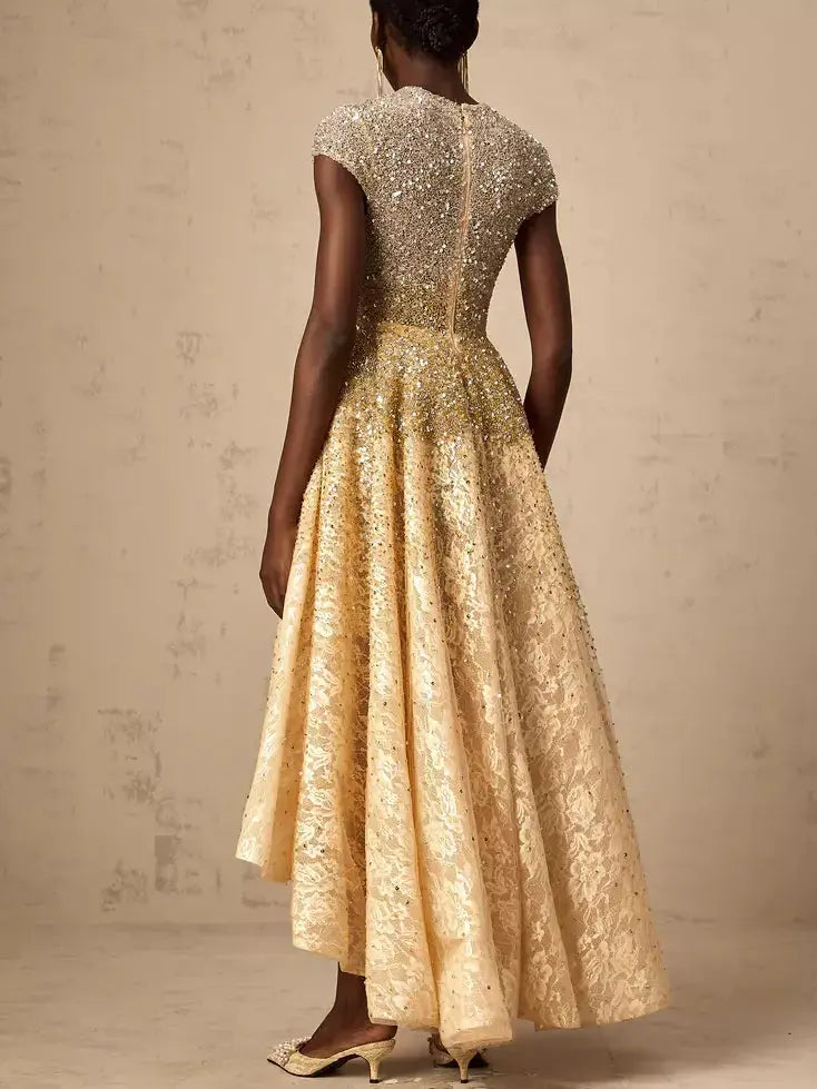 Asymmetrical Gold Sequin-Embellished Cap-Sleeve Dress - Dresses