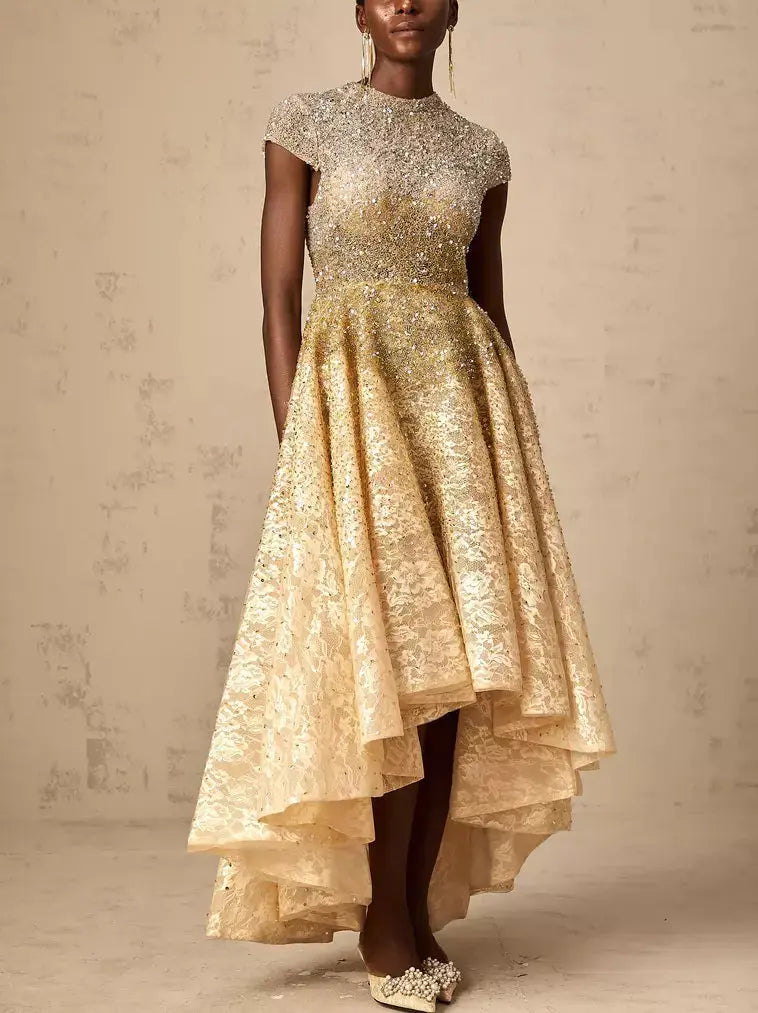 Asymmetrical Gold Sequin-Embellished Cap-Sleeve Dress - Dresses