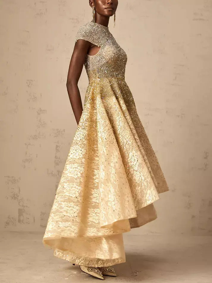 Asymmetrical Gold Sequin-Embellished Cap-Sleeve Dress - Dresses