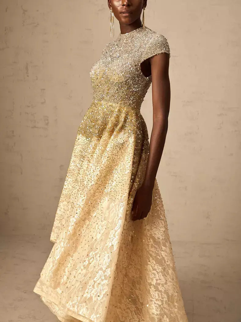 Asymmetrical Gold Sequin-Embellished Cap-Sleeve Dress - Dresses