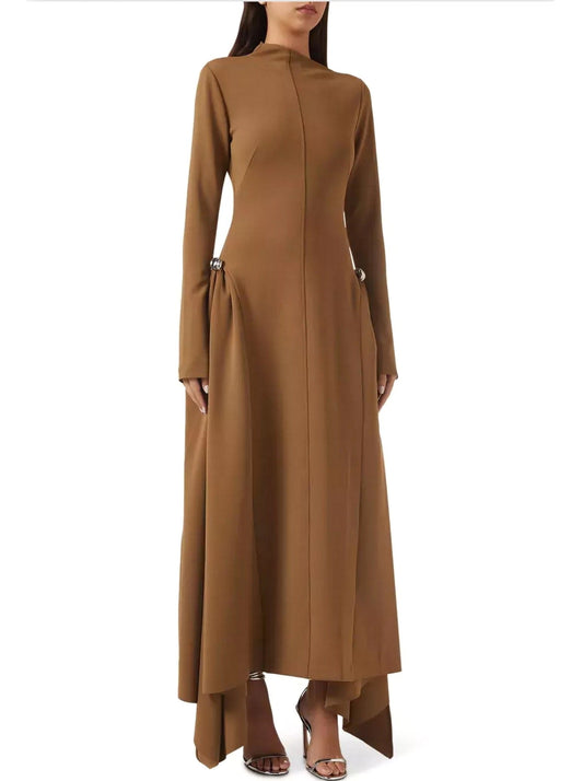 Long-sleeved brown Asymmetrical Jersey Gathered Maxi Dress showcasing elegant style
