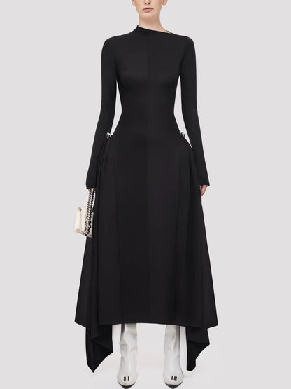 Long-sleeved brown jersey gathered maxi in Asymmetrical Jersey Gathered style