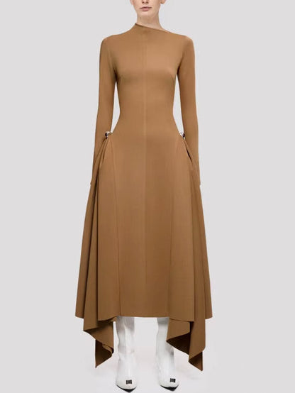 Long-sleeved brown Asymmetrical Jersey Gathered Maxi Dress for stylish comfort
