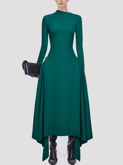 Long-sleeved brown asymmetrical jersey gathered maxi dress for elegant style