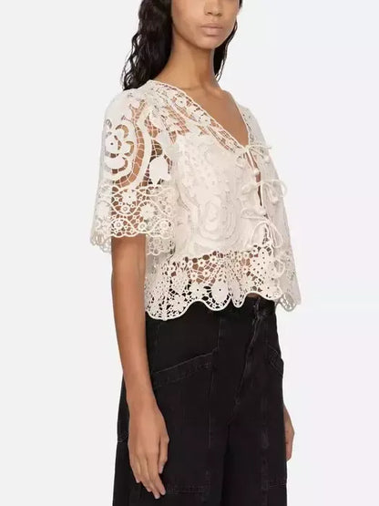 Asymmetrical Lace Tie-Front Top in Light Beige - Tops