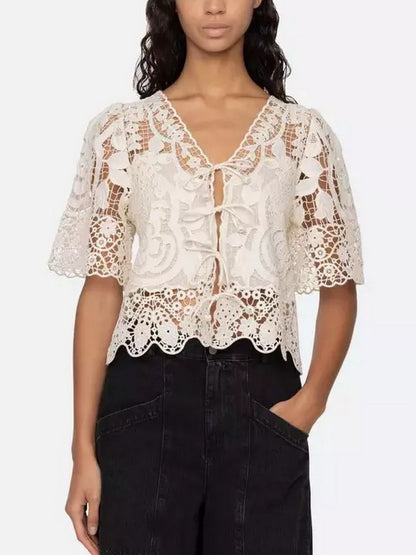 Asymmetrical Lace Tie-Front Top in Light Beige - Tops