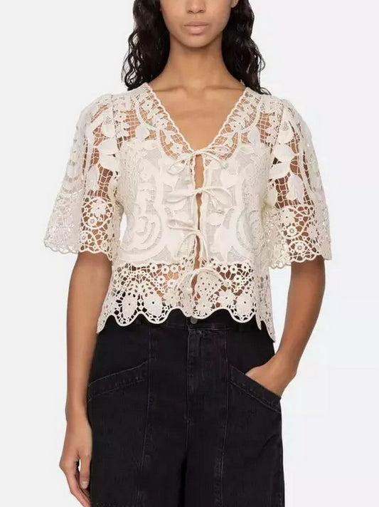 Asymmetrical Lace Tie-Front Top in Light Beige - Tops