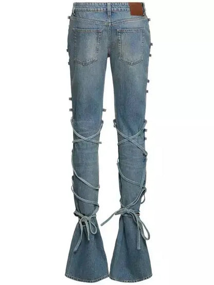 Asymmetrical Lace-Up Mid-Rise Flared Jeans - Jeans & Pants