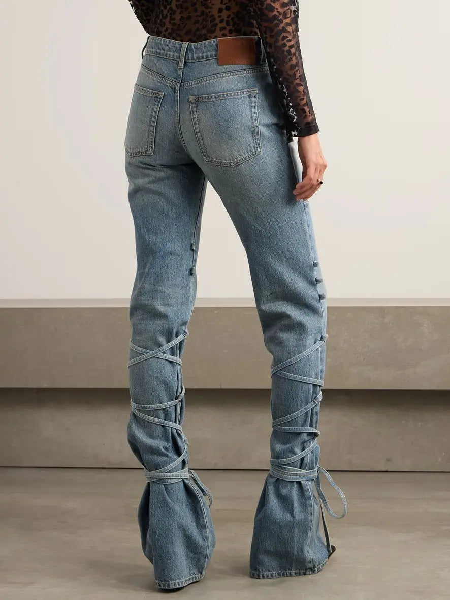 Asymmetrical Lace-Up Mid-Rise Flared Jeans - Jeans & Pants