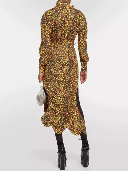 Asymmetrical Leopard-Print Midi Dress with Neck Tie - Dresses