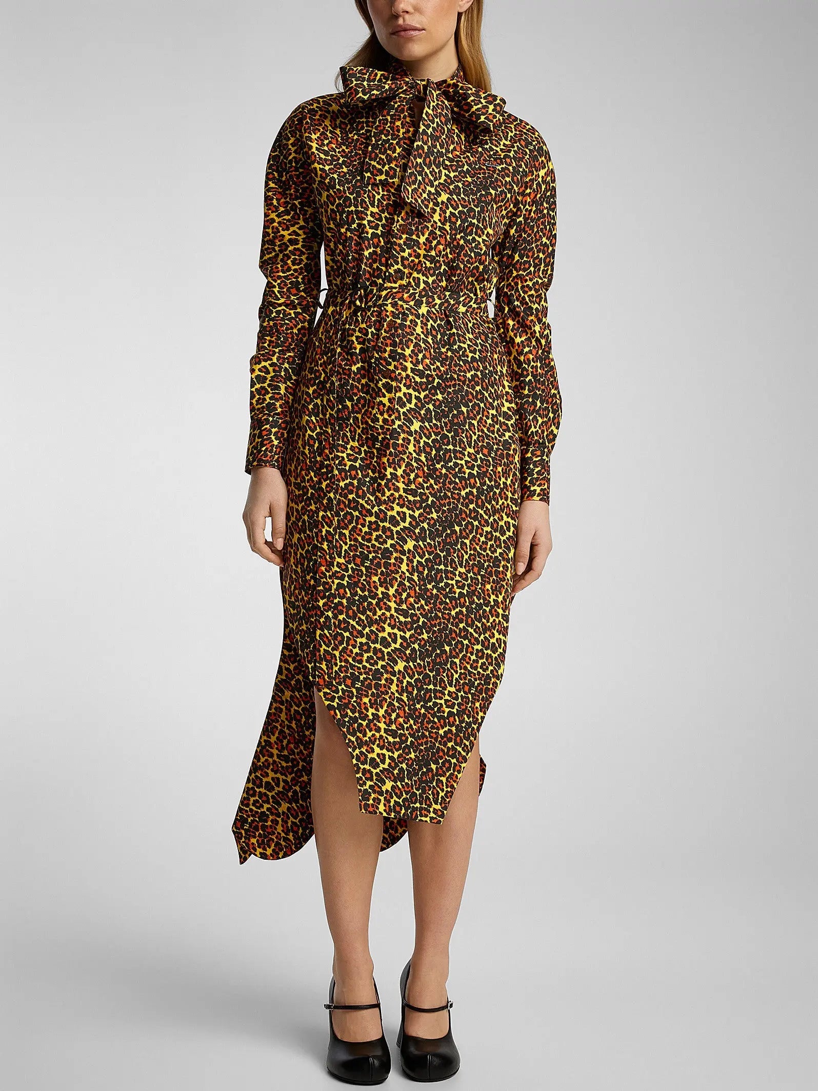 Asymmetrical Leopard-Print Midi Dress with Neck Tie - Dresses