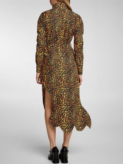 Asymmetrical Leopard-Print Midi Dress with Neck Tie - Dresses