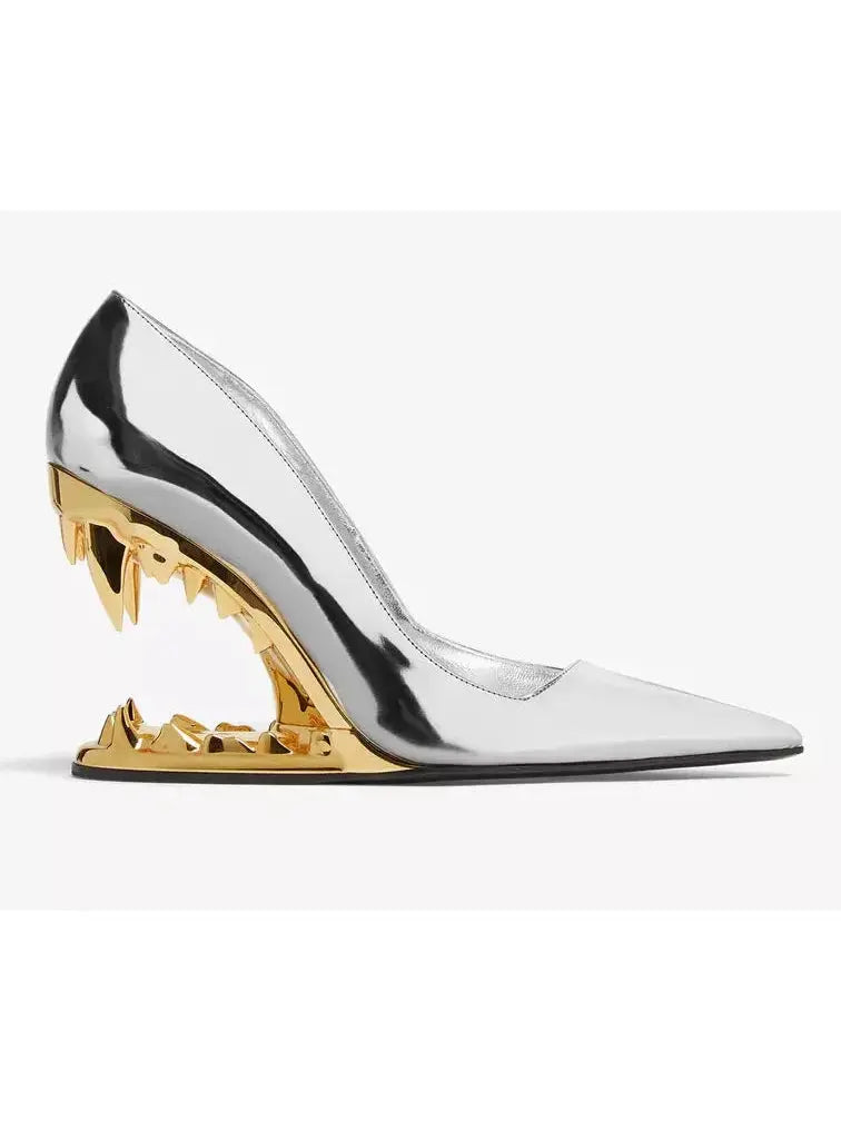 Asymmetrical Morso Laminated Pumps in Silver and Gold - Footwear