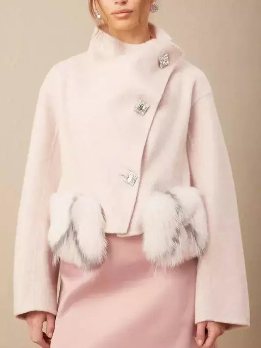 Asymmetrical Placket Pink Wool Jacket with Fur Pockets - Jackets