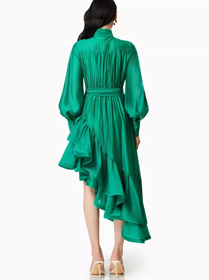 Asymmetrical Pleat-Paneled Ruffled Tie-Waist Dress in Green - Dresses