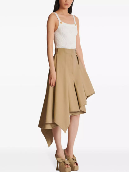 Asymmetrical Pleated Flared Skirt in Beige - Skirts