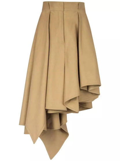 Asymmetrical Pleated Flared Skirt in Beige - Skirts