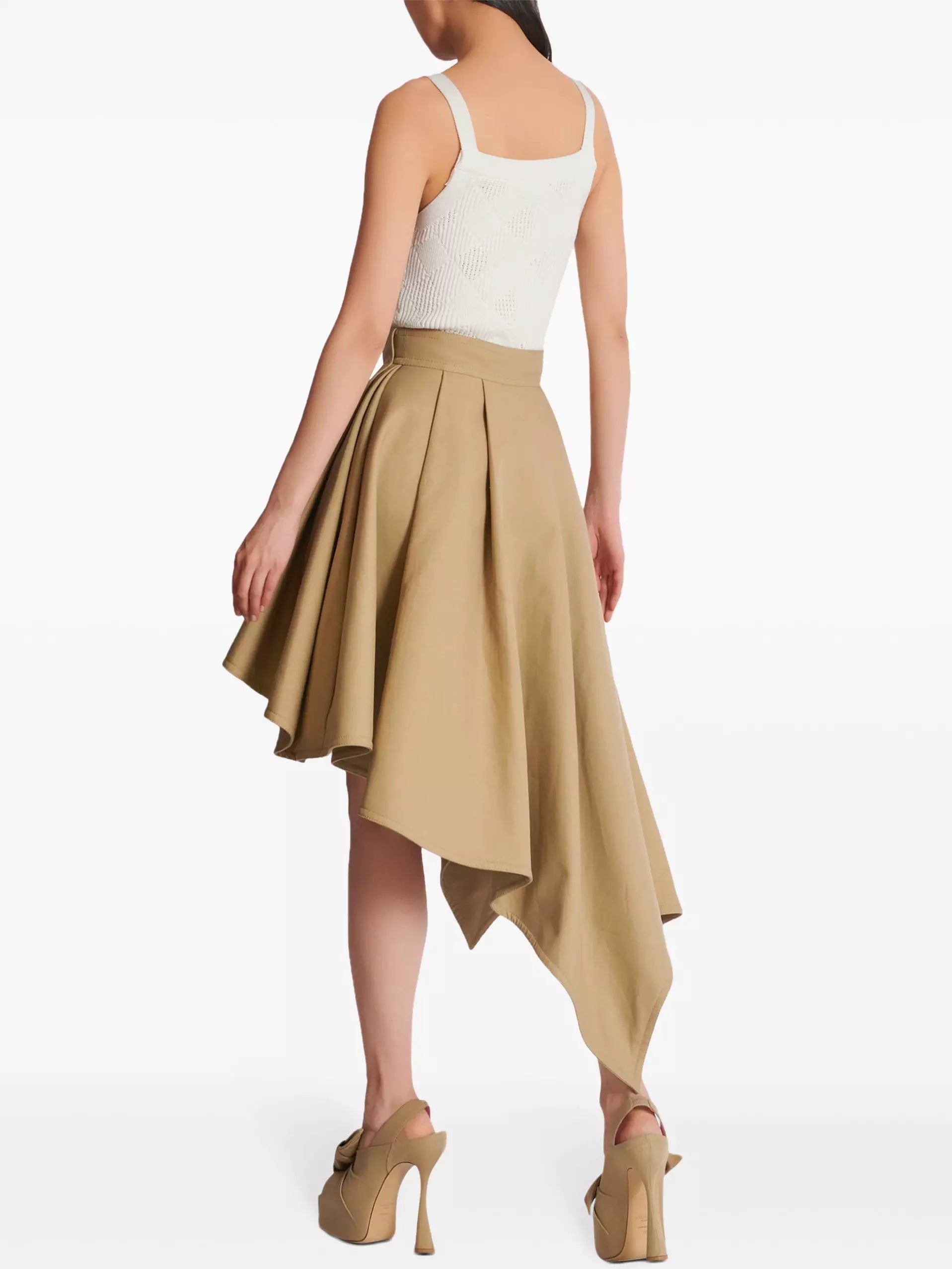 Asymmetrical Pleated Flared Skirt in Beige - Skirts